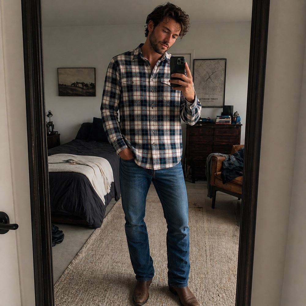 Redhead Ranch‎ Mens Plaid Flannel Shirt M Blue Brown Western Americana Cowboy